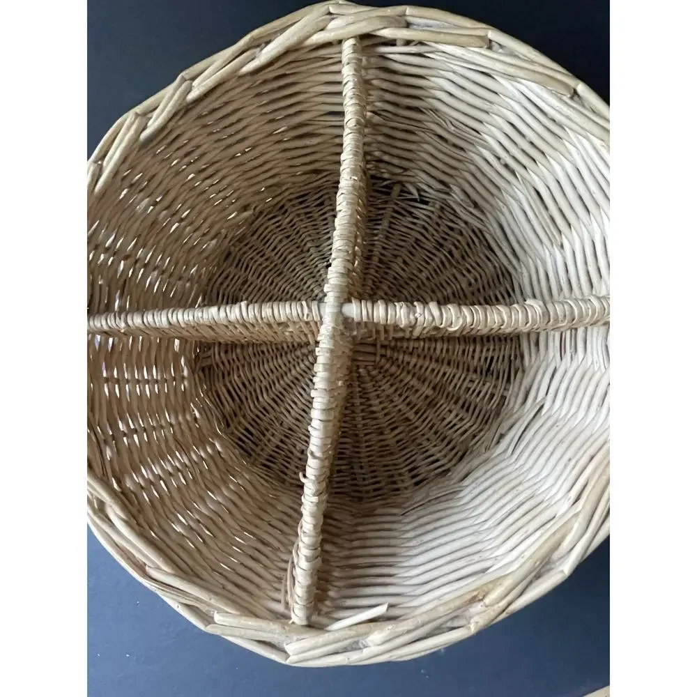 Vintage Wine Bottle Basket Sectioned Holder Wicker Straw Handle Picnic Cocktail